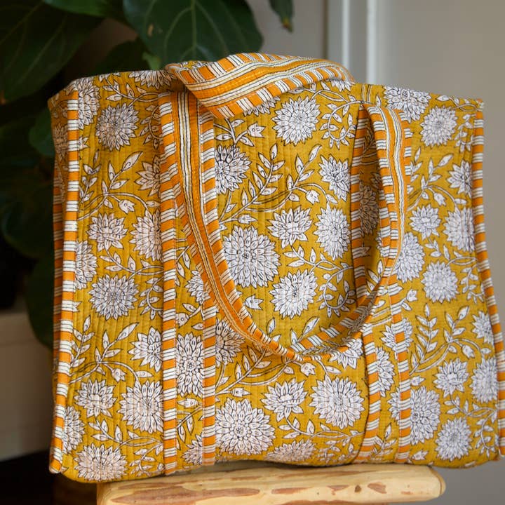 Gestepptes Baumwoll-Einkaufstasche in Senfgelb für den Großhandel von Indie Corner