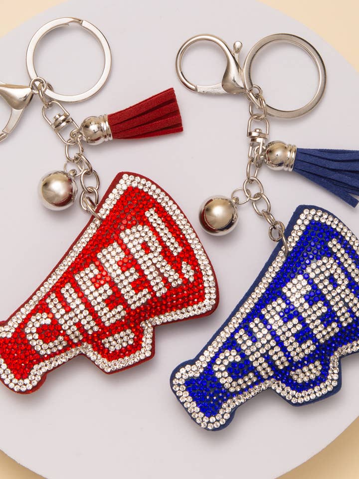 Gameday Rhinestone Pavé "CHEER" Megaphone Keychain for wholesale by SP Sophia Collection