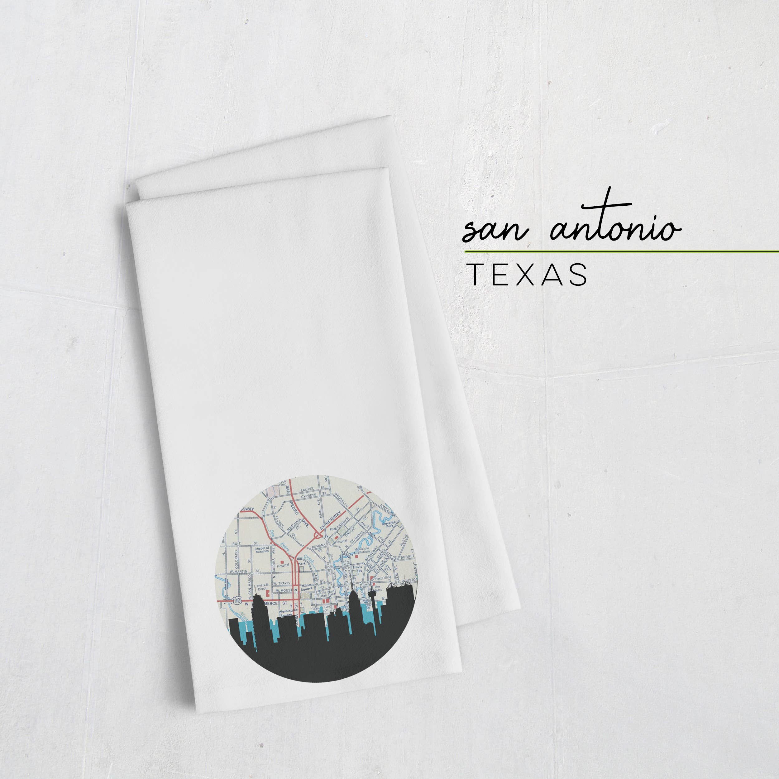 Paperfinch Design - Wholesale Tea Towel - San Antonio Texas city tea towel | map and skyline0