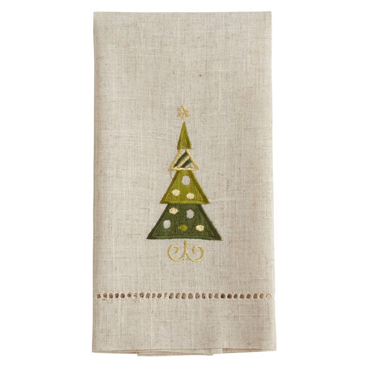 Natural Embroidered and Hemstitched Christmas Tree Guest Towel for wholesale on Faire
