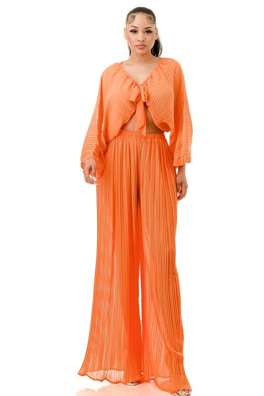 Namatt Design – wholesale Top & pants set (NOT Loungewear) – Women's – Plus Front Tie Billowing Pleated Crop Top & Pants Set4