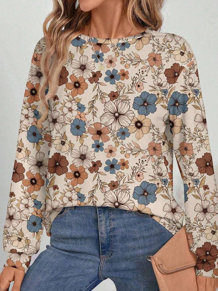 Floral Print Loose Crew Neck Long Sleeve T Shirt for wholesale by LiveFashionWay