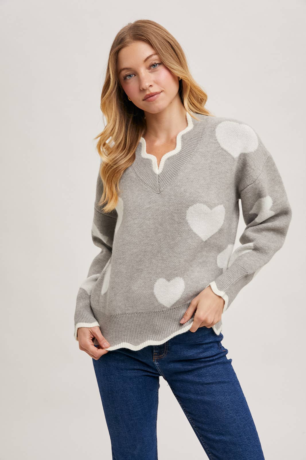 Bluivy - Wholesale Knit Sweater - Women's - HEART SCALLOP TRIMMED CONTRAST KNIT SWEATER VALENTINE'S DAY3