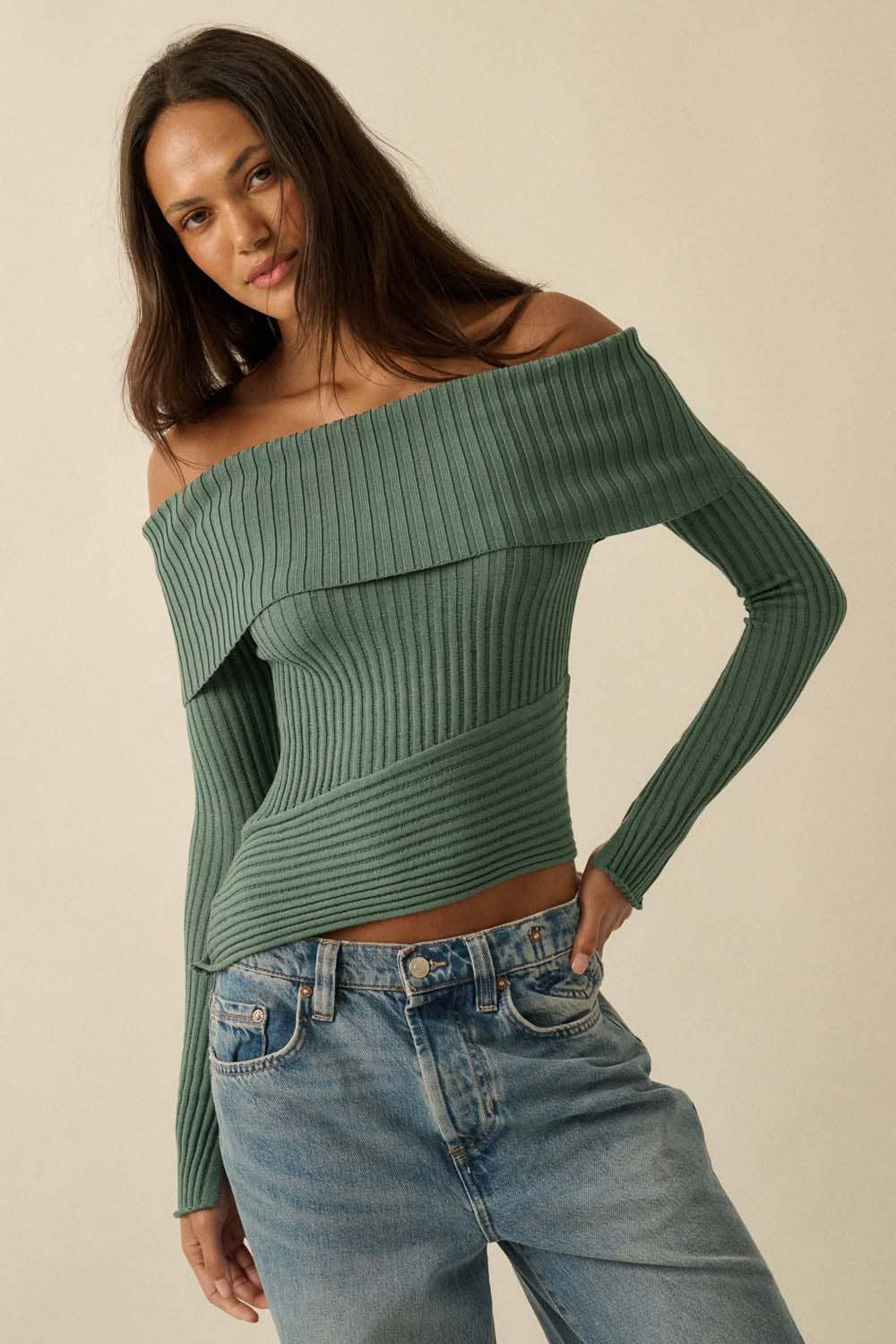 Promesa USA - Wholesale Knit Sweater - Women's - Sheer Rib-Knit Off-Shoulder Foldover Sweater0
