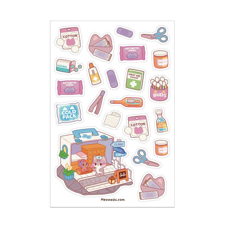 Katzenklinik Klarsicht-Aufkleberbogen für den Großhandel von Meowashi Studio