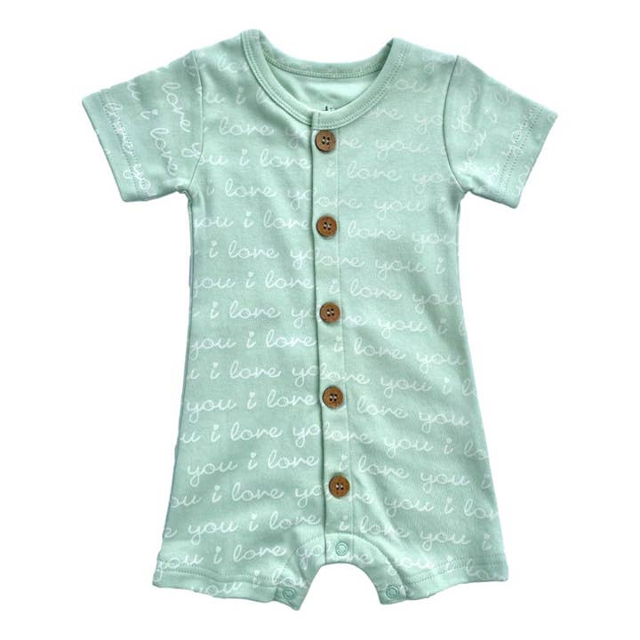 Organic Cotton Short Sleeve Romper - I LOVE YOU Green for wholesale by Cat & Dogma