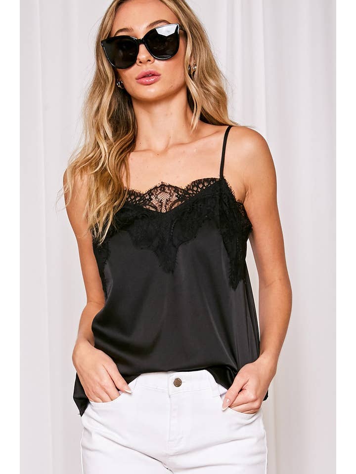Vine & Love - Wholesale Camisole - Women's - Adjustable Straps Lace Trim Satin Camisole Tank Top VT3184113