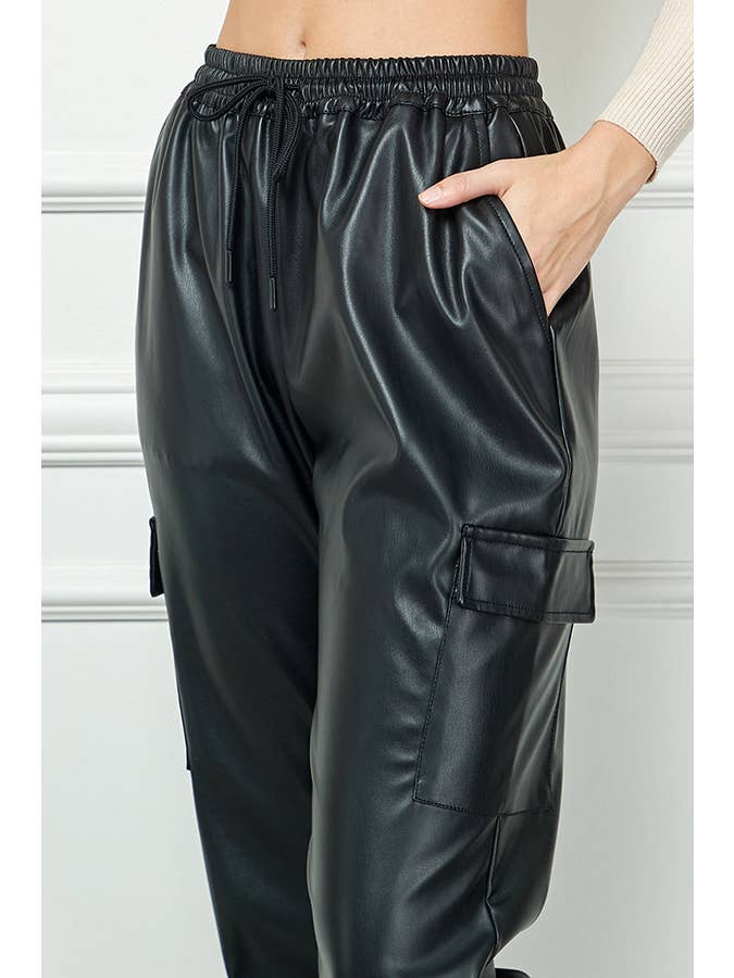 Veracci - Wholesale Pants - Women's - High Waisted Faux Leather Cargo Jogger Pants9