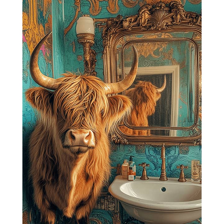 Mowbi - Wholesale Kunstprint - Hooglandkoe Kijkt in een Spiegel - Badkamer Muurkunst Prints – 20x25 cm Kunstwerk voor 28x36 cm Lijst