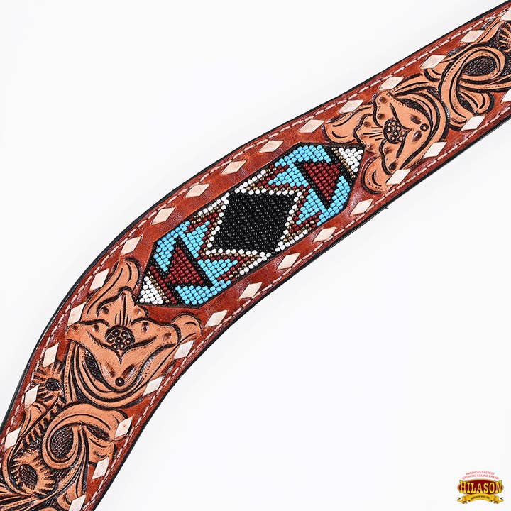 HILASON - Wholesale Horseback Riding Gear - Hilason Horse Floral Hand Carved American Leather Breast Collar Headstall W/ Beaded Work Brown6