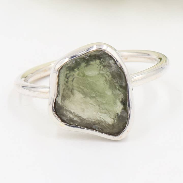 Raw Moldavite Tektite Ring: 925 Silver Cosmic Impact Jewelry for wholesale by Jay Jools
