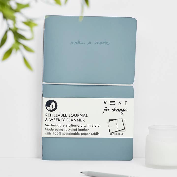 Weekly Planner / Journal Recycled Leather Refillable - Blue for wholesale by VENT for Change USA