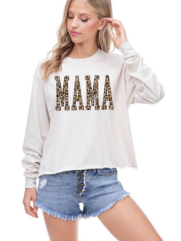 Foryeri - Wholesale Screen Printed T-Shirt - Women's - Mama Leopard Graphic L/S Faux Crop Top