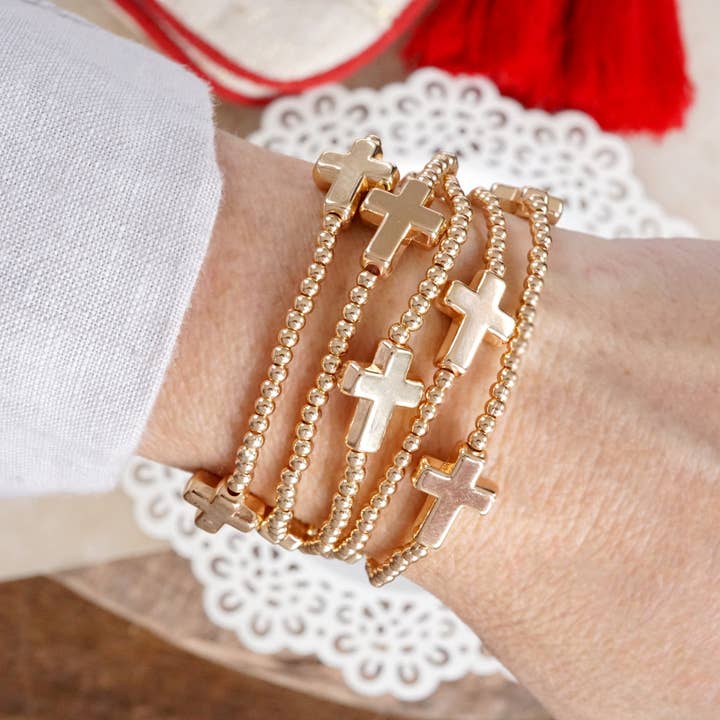 PennyLine inc - Wholesale Beaded Bracelet - Gold Tone Sideways Cross Bracelet Set – Stretchy Ball Beads, Set of 5