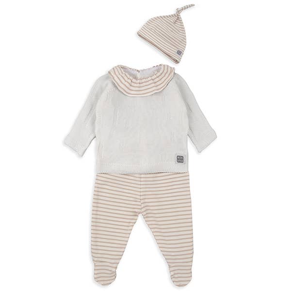 Arena 3-dele sæt i sandfarvet med strikket trøje, fødderbukser og hat for engroshandel på Faire2