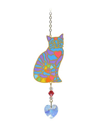 Cuore in cristallo cardato Dreams Sitting Cat - Arcobaleno per la vendita all'ingrosso da parte di Wild Things Gifts Ltd