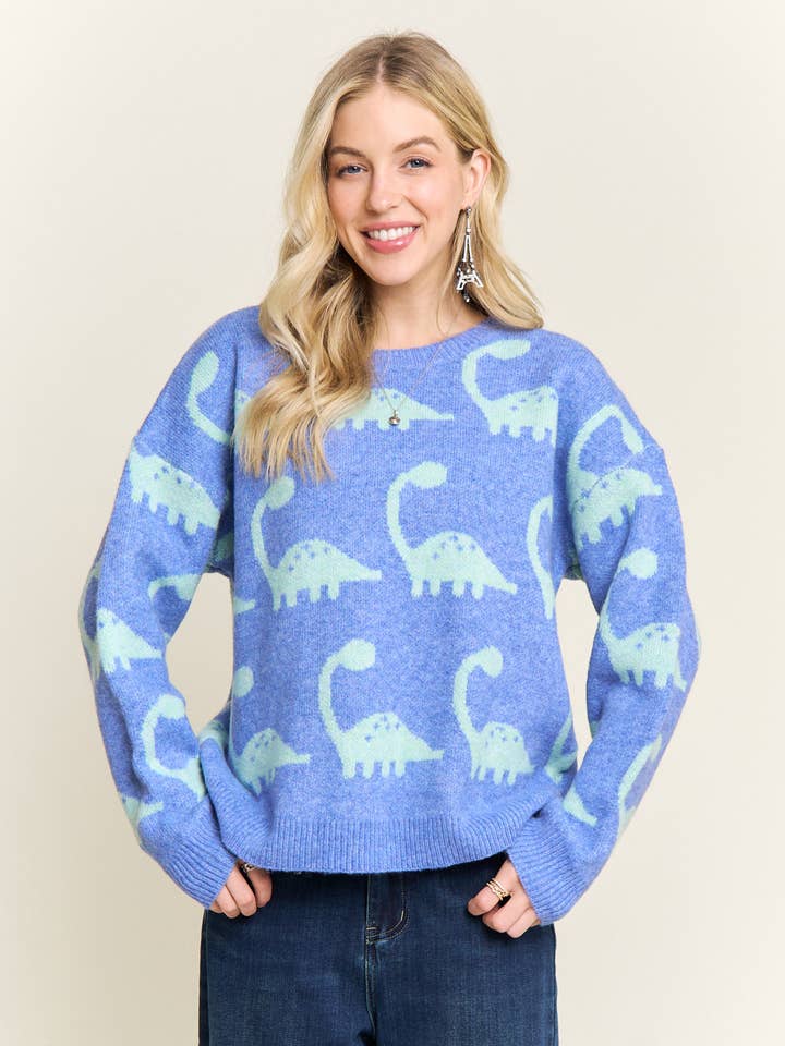 CESW4221-DINOSAUR PRINT CREW NECK SWEATER for engroshandel hos ADORA LA