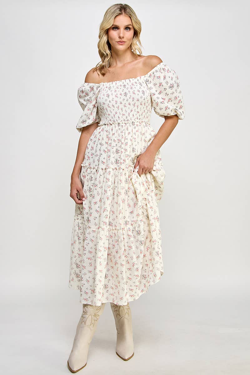 Million Colors - Wholesale Dress - Women's - Hattie Floral Puff Sleeve Square Neck Tiered Midi Dress8