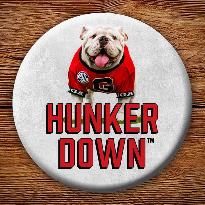 Georgia Bulldogs Uga X Mascot Hunker Down 3" Pin-Back Button - UGA Gifts & Tailgating for wholesale by Wright Photo