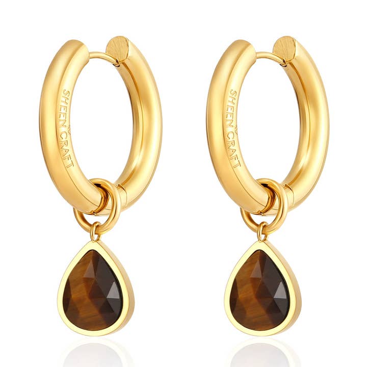 Créoles de 23,9 mm en métal doré 14 carats avec pendentif en forme d'œil de tigre pour la vente par Shinka Trading LTd