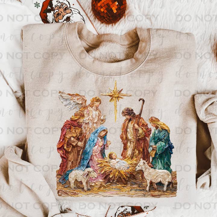 Hand Painted Nativity Sweatshirt | Gildan Sand Crewneck for wholesale by 403 Designs