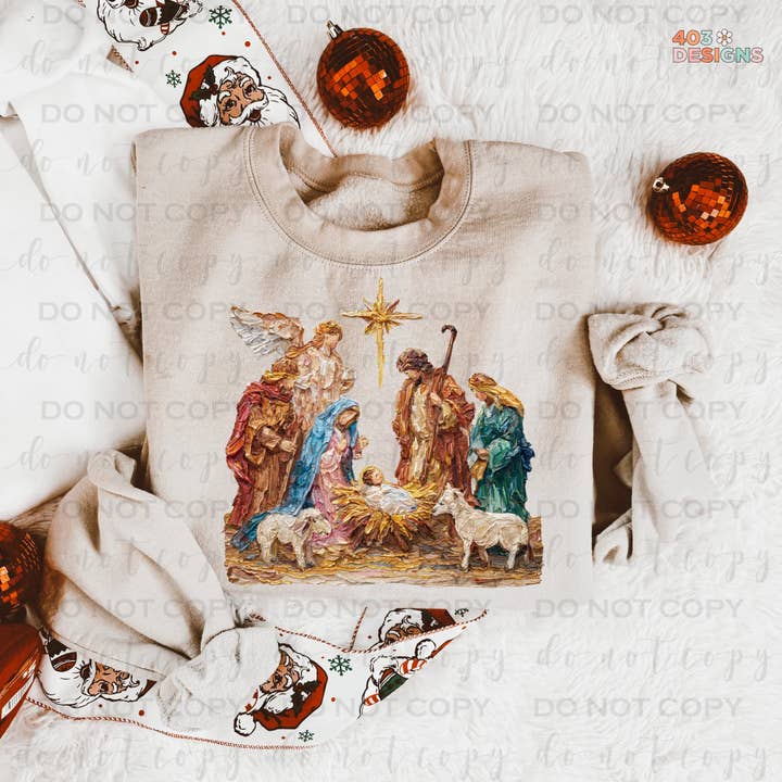 Hand Painted Nativity Sweatshirt | Gildan Sand Crewneck for wholesale by 403 Designs