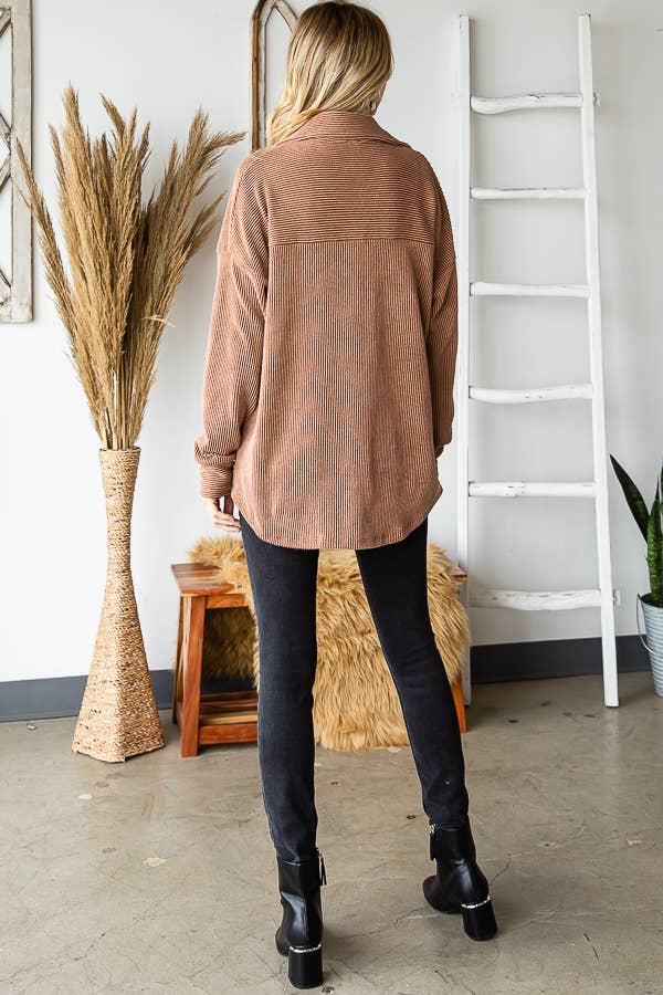 7th Ray - Wholesale Button Down Shirt - Women's - Rib Drop Shoulder Patch Pockets Button Down Shacket T48064