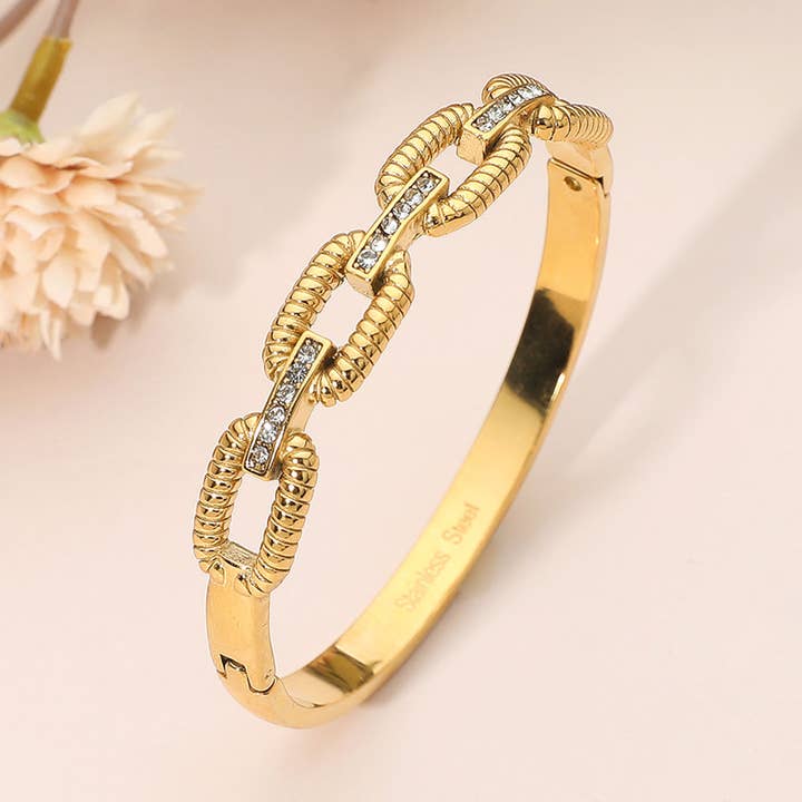 Stainless Steel CZ Stone Paved Bar Accent Textured Chain Link Hinged Bangle Bracelet for wholesale by Sensibling Corp.