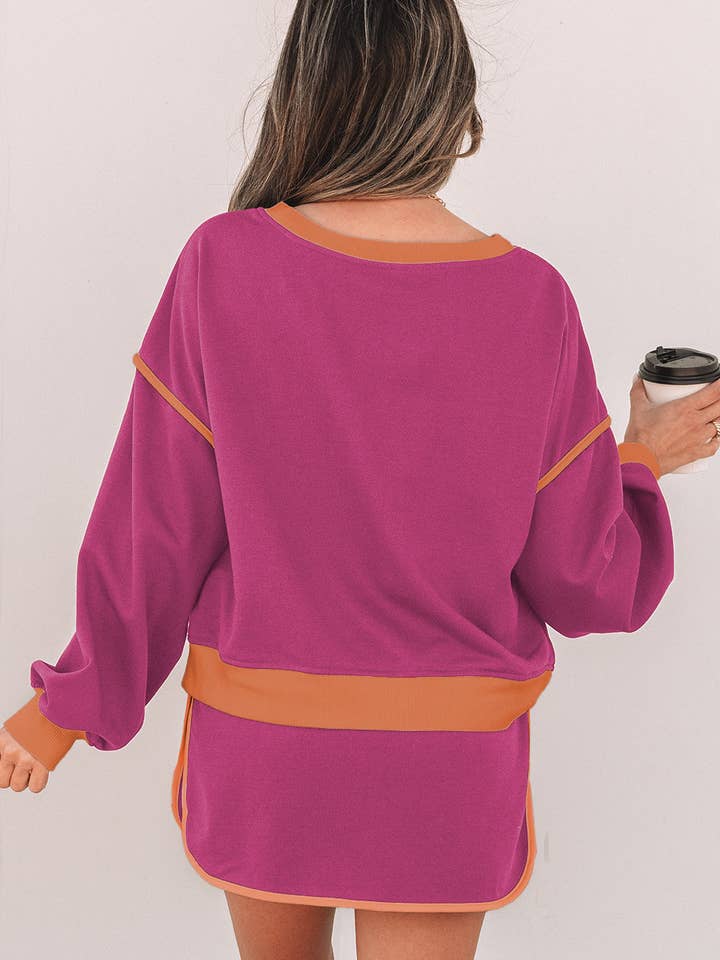 Rose Red Color Contrast Loose Pullover and Lace-up Waist Skort Set for wholesale on Faire1