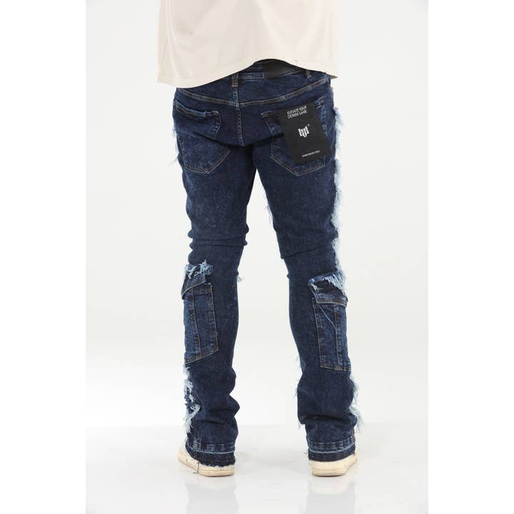 Stylo - Wholesale Jeans - Men's - Cargo Pocket Distressed Stacked Flare Jeans