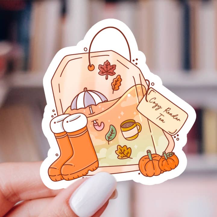 Cozy Reader Autumn Tea Sticker – Bookish Fall, Glossy Vinyl for wholesale by Indie Heart Studio