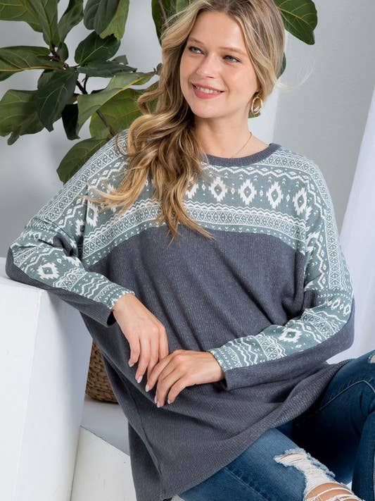 Übergroße Tunika aus kontrastfarbenem Rippstoff mit Aztekenmuster für den Großhandel von Rose Mellow Fashion