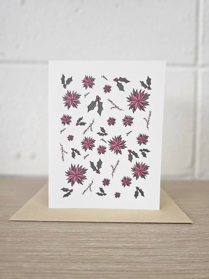 Holly and Poinsettia Greeting Card for wholesale by Covered With Art