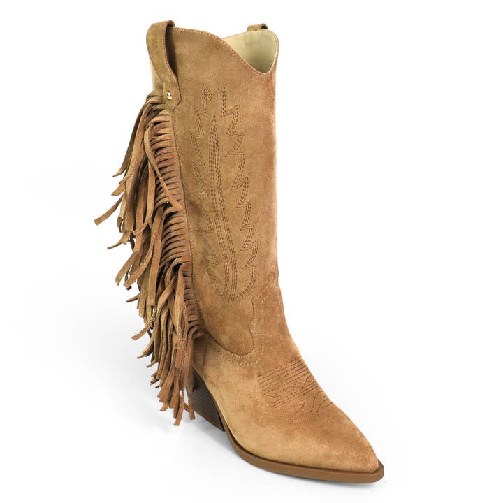 BOTTES À FRANGES MILLIE-1 AVEC TALON TAN pour la vente par Liliana Shoes