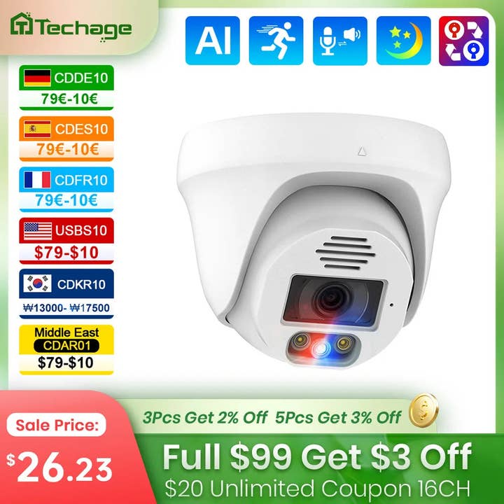 Techage UHD 4K 8MP 5MP POE IP Camera Red-Bule Light Alert Smart AI Face Detection Waterproof Color Night Vision Security Camera for wholesale by American Smart
