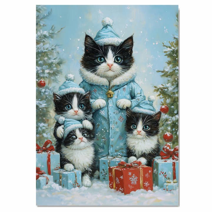 Famiglia di gatti in smoking blu invernale con regali di Natale su tela per la vendita all'ingrosso da parte di Art Paradise Studios