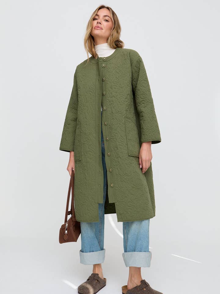 Heidi Quilted Coat In Khaki Green for wholesale by Raffya