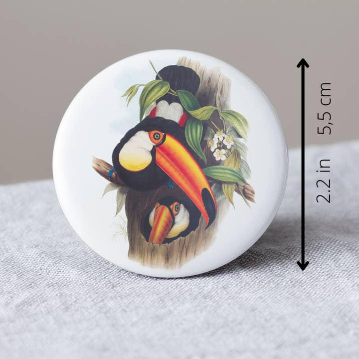 The Zoologist Archives – wholesale Lapel pin/button – Toco Toucan Button - Big Round Pin - Jungle Bird Gift1