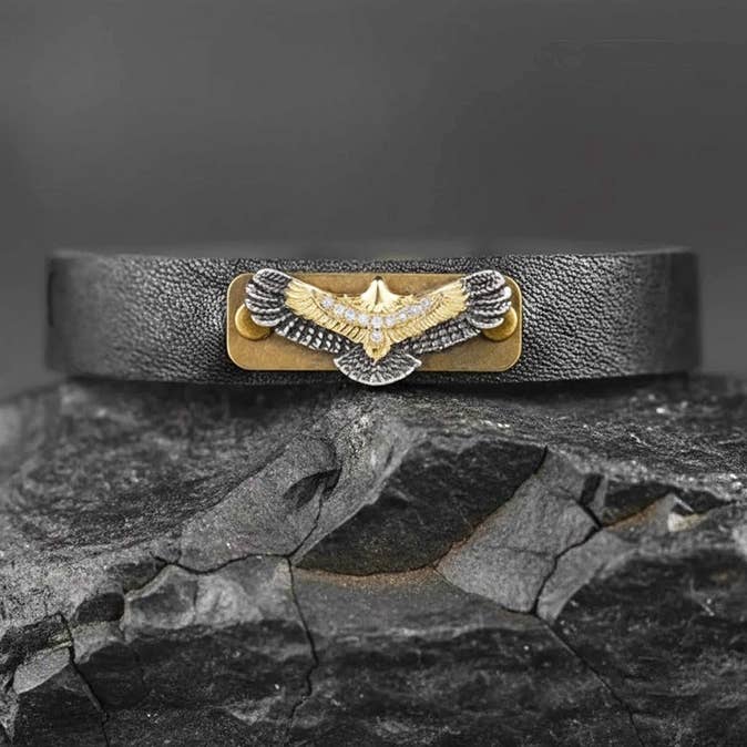 Leather Stacker Cuff w/ Freedom Eagle and Delicate Crystals for wholesale by KBD Studio