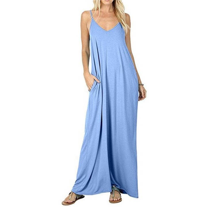 Loose Fit Solid Color Spaghetti Strap Maxi Dress for wholesale by Sheer Trend