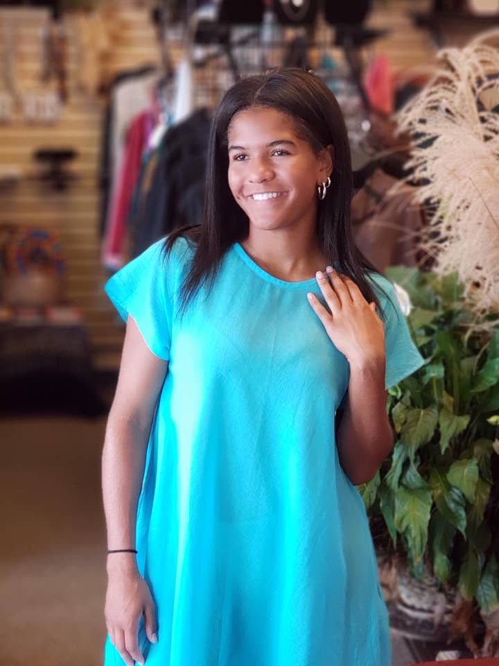 Short Sleeve Knee Length Cotton Dress - Pockets Turquoise for wholesale by Zumi