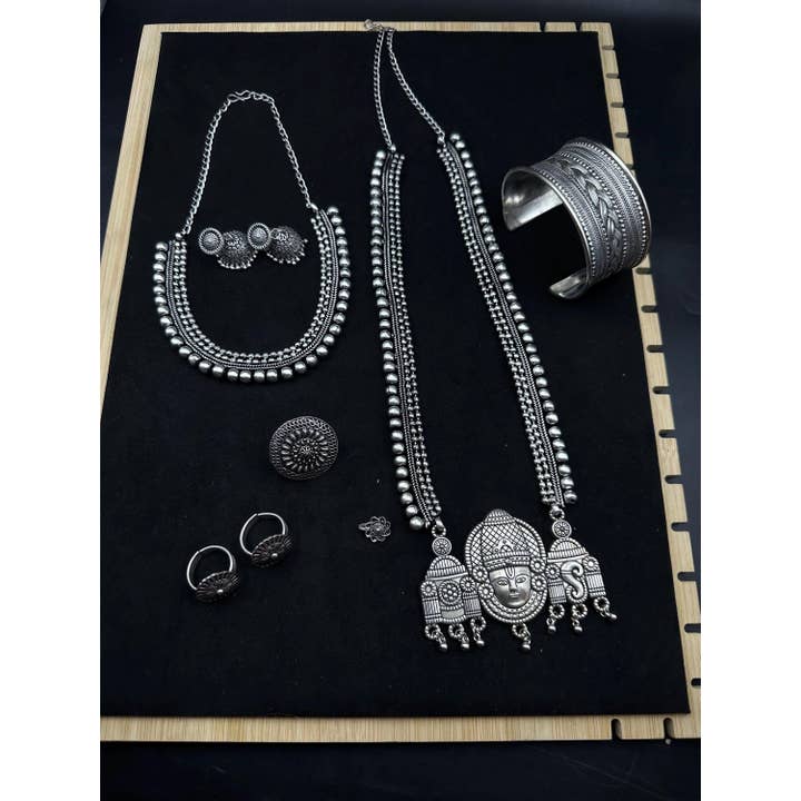 Indian Silver Long Necklace Set, Ethnic Temple Jewelry for wholesale by Vastrabhushan