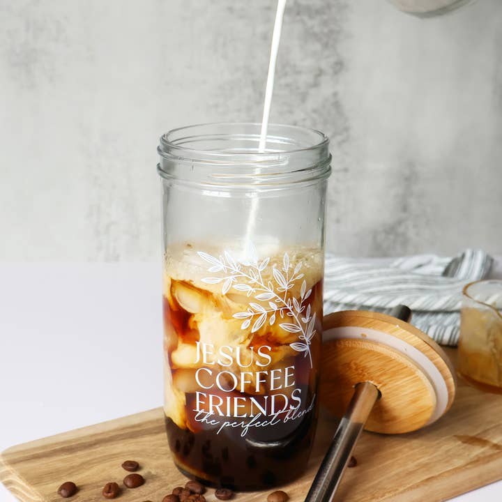 Grace and Joy Company - Wholesale Drinking Glass/Cup - Jesus, Coffee and Friends Floral Glass Tumbler + Bamboo Lid