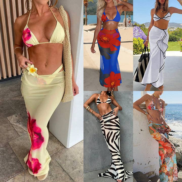 New Bikini Set With Long Cover-Up, Floral Print, Women's Swimwear for wholesale by OceanusSwim