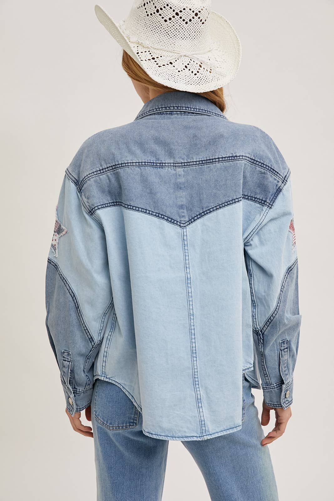 DENIM CAMICIA GIACCA PATCHWORK CON STELLA IN DENIM WESTERN - 4 LUGLIO in vendita all'ingrosso su Faire8