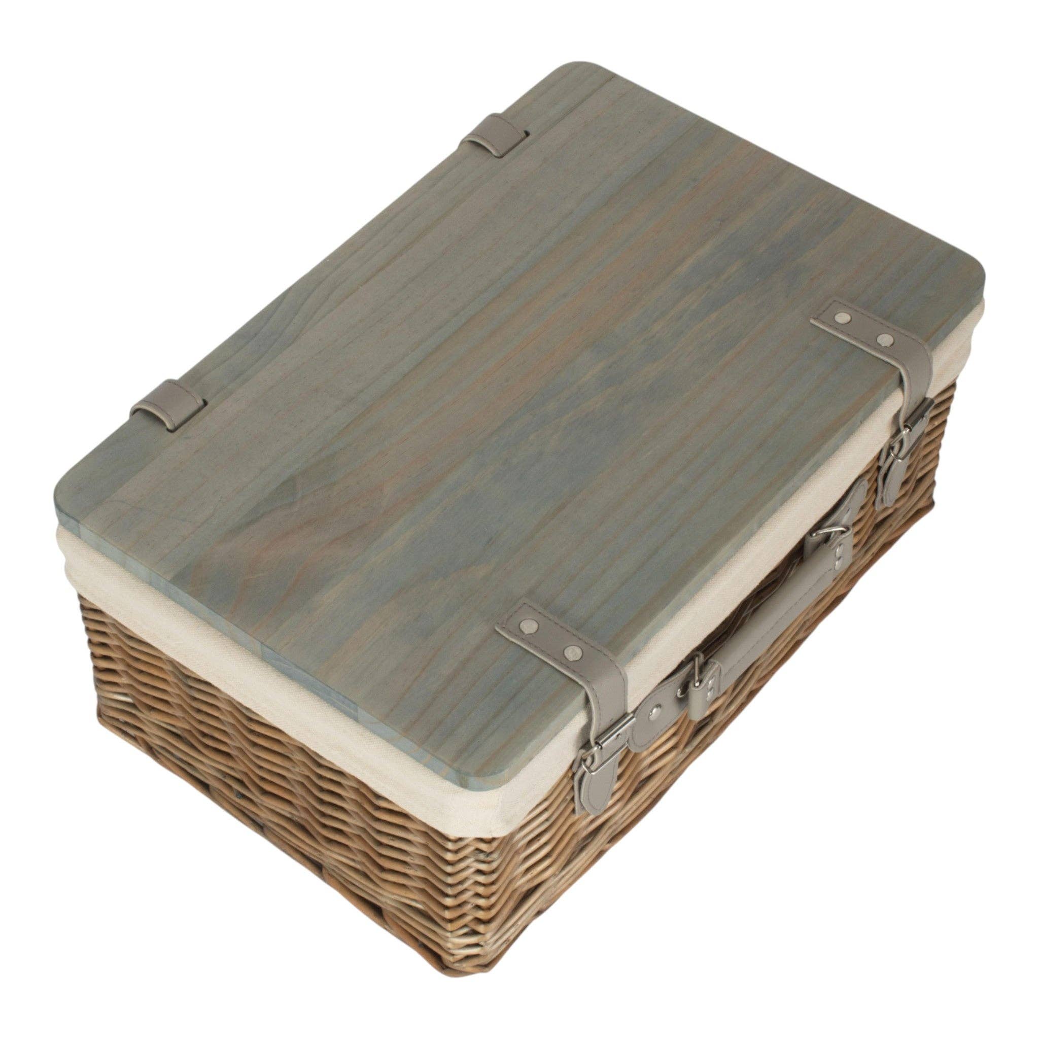 Red Hamper – wholesale Picnic basket – Antique Wash White Lined Willow Empty Picnic Basket with Pinewood Lid1