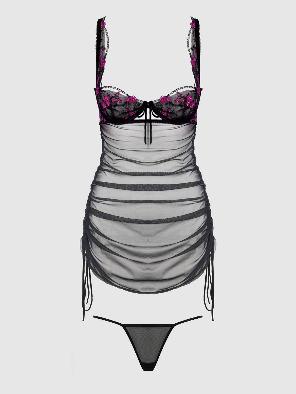 House of Desire - Wholesale Lingerie Set - Women's - HARPER EMBROIDERED MESH SIDE CINCH CHEMISE & G-STRING SET8