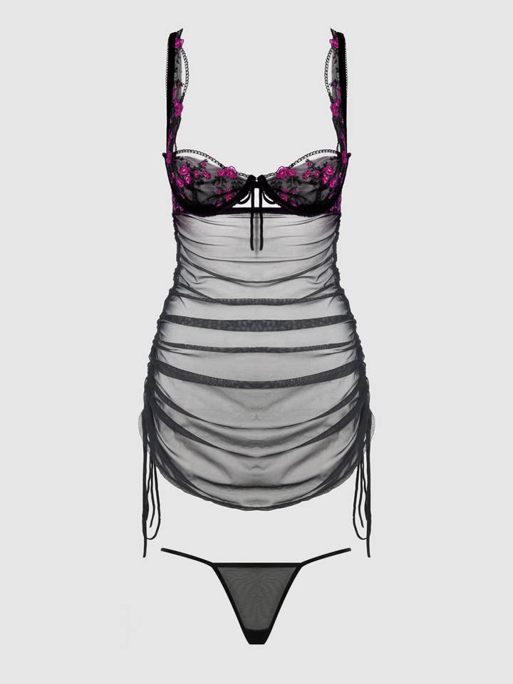 House of Desire - Wholesale Lingerie Set - Women's - HARPER EMBROIDERED MESH SIDE CINCH CHEMISE & G-STRING SET8