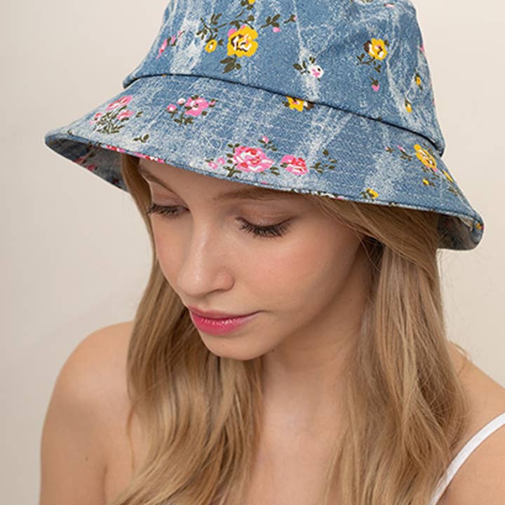 Denim Floral Print Cotton Bucket Hat for wholesale by Fashion City