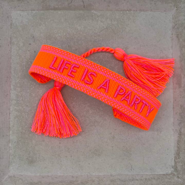 LIFE IS A PARTY statement bracelet woven, embroidered for wholesale by Parsley & Pepper